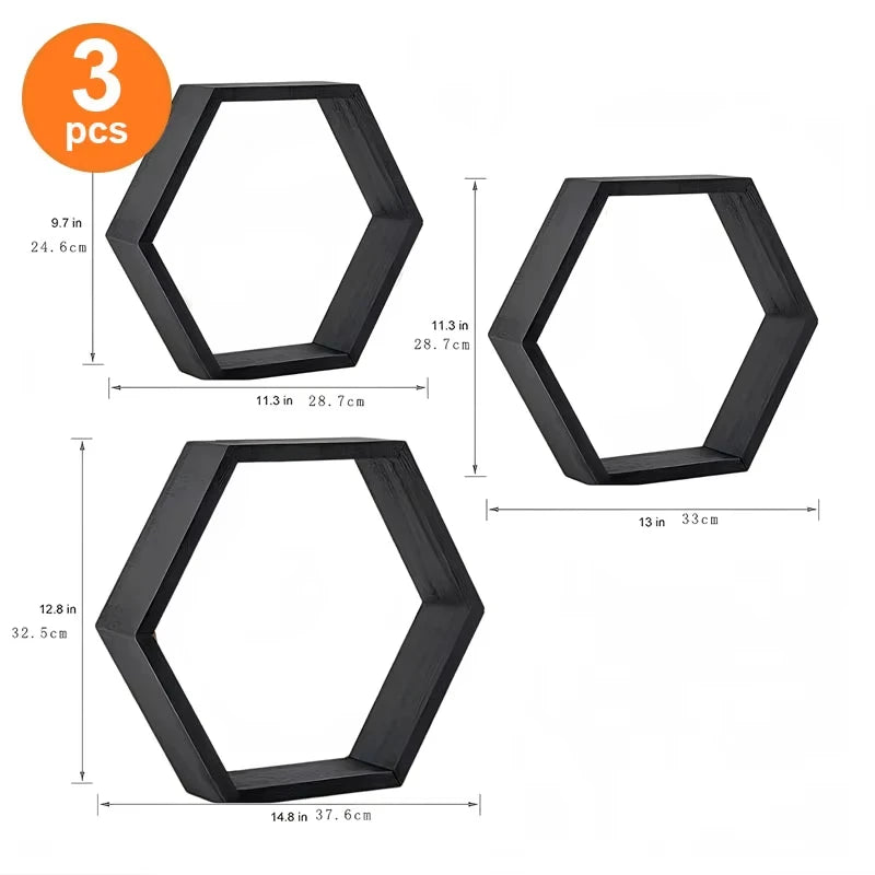 Wooden Hexagon Floating Shelves Set of 3, Honeycomb Wall Shelves for Living Room Decor, Rustic Farmhouse Geometric Display Rack for Plants, Photos, and Collectibles