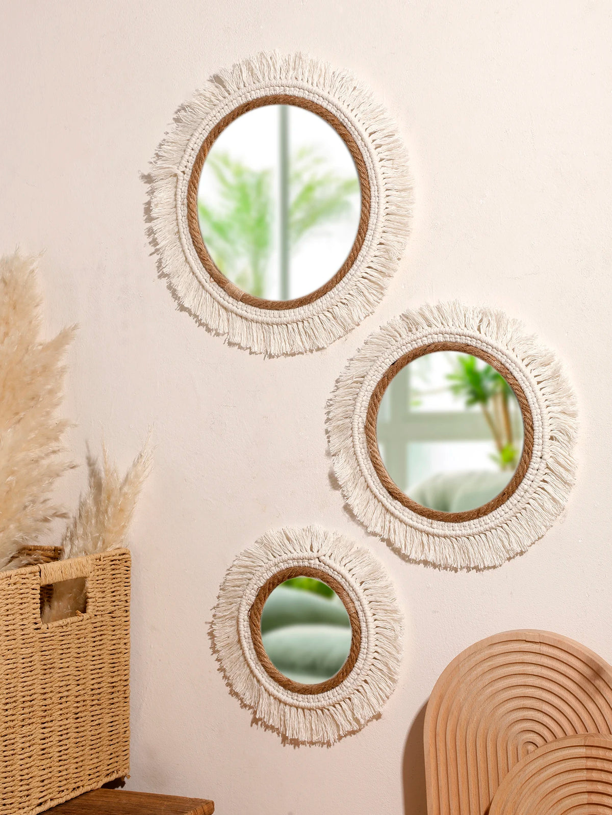 Boho Hand Woven Wall Hanging Tapestry Home Decorative Mirrors Nordic Wall Mirrors Decoration Bedroom Living Room Crafts Decor