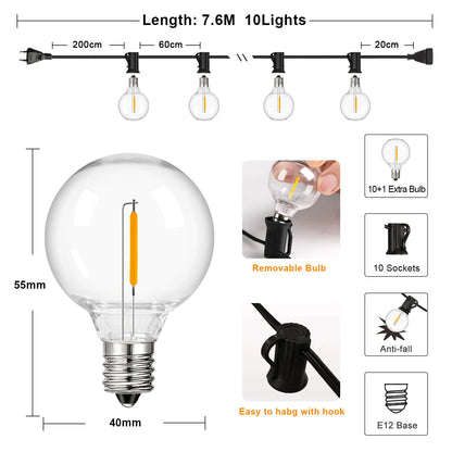 Shatterproof G40 Garden String Lights – 7.6m, 10 Bulbs, US Plug