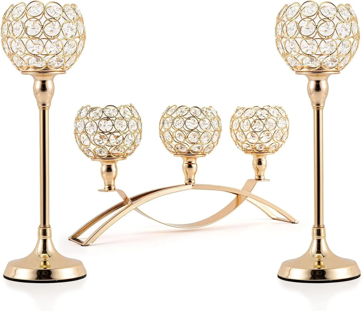 3 Pcs Gold Candle Holders Set, 3 Arm Tealight Candelabra Stand, Wedding Table Centerpiece Candlestick for Fireplace Mantel Decor, Living Room Dining Table, Valentine's Day Housewarming Gift