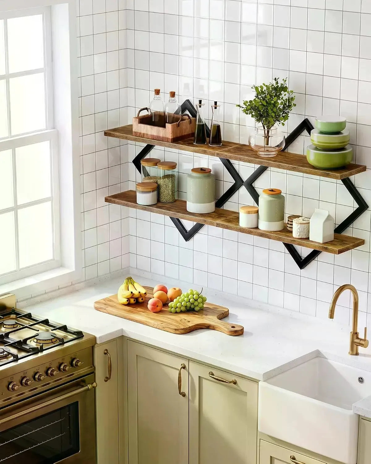 Rustic Brown 2-Layer Geometric Diamond Floating Shelf Set - Industrial Metal Wire & Wooden Shelves, Minimalist Artistic House Decor, Suitable for Living Room, Kitchen, Storage