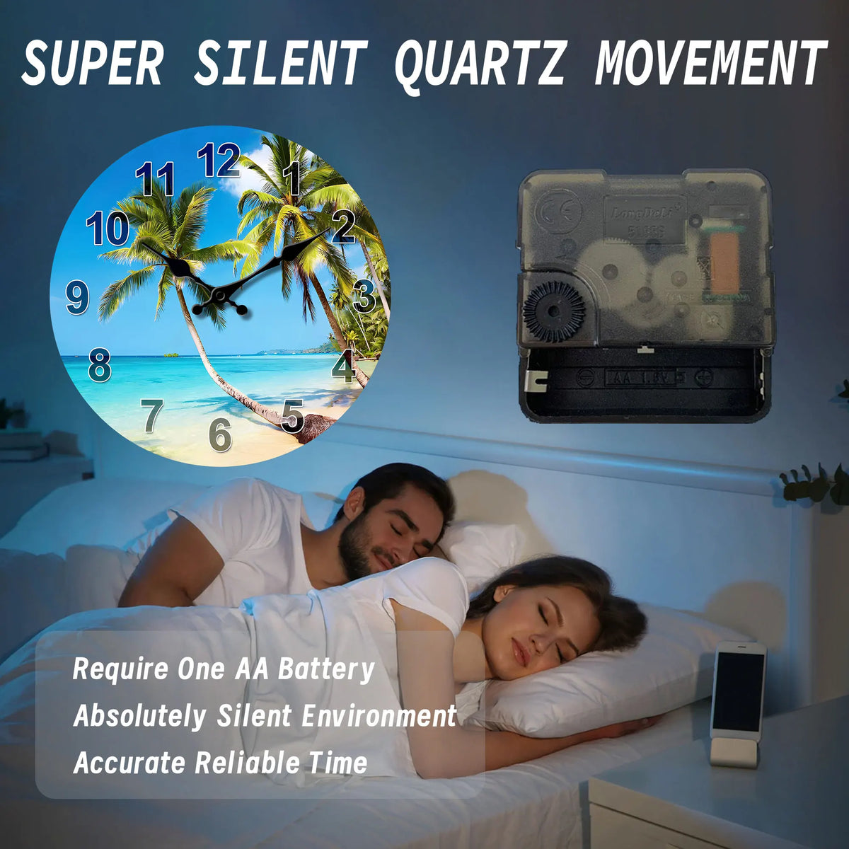 1pc round wooden wall clock, tropical summer blue Sky beach and coconut tree design wall clock, silent clock, for living room be