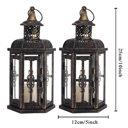 Vintage Iron Hanging Candle Lantern in Black, Set of 2