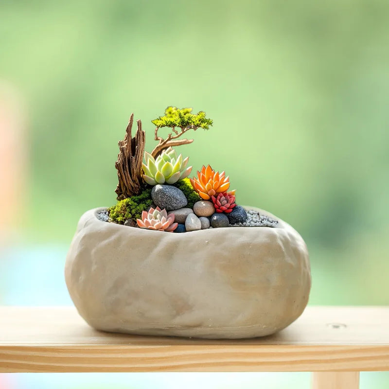 Imitation Stone Ceramic Succulent Pot Large Caliber Concave Convex Texture Desktop Micro Landscape Plant Planter