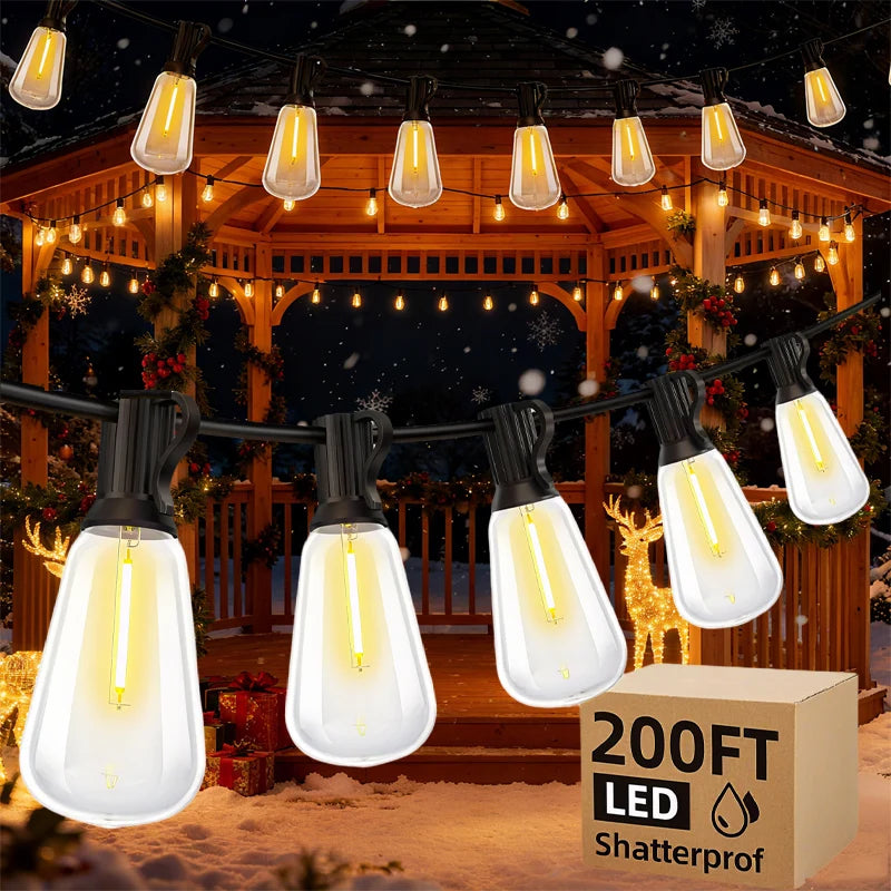 200FT LED Outdoor String Lights Dimmable Waterproof ST38 LED Shatterproof Bulbs Outside Hanging Light for Porch Garden Decor