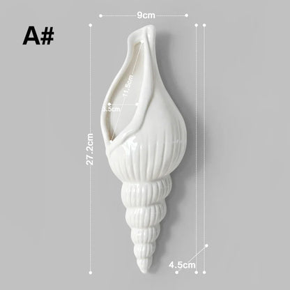 White Ceramic Conch Shell Wall Vase in Ribbed Conch