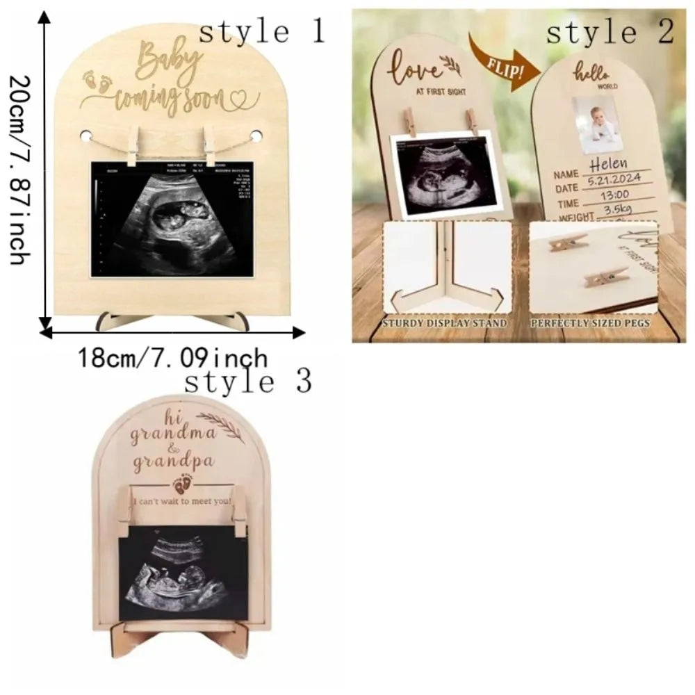 Wooden Stands Baby Ultrasound Frame Maternity Gift Rustic Pregnancy Gift Frame Stable with Clip Display Frame Memory Display