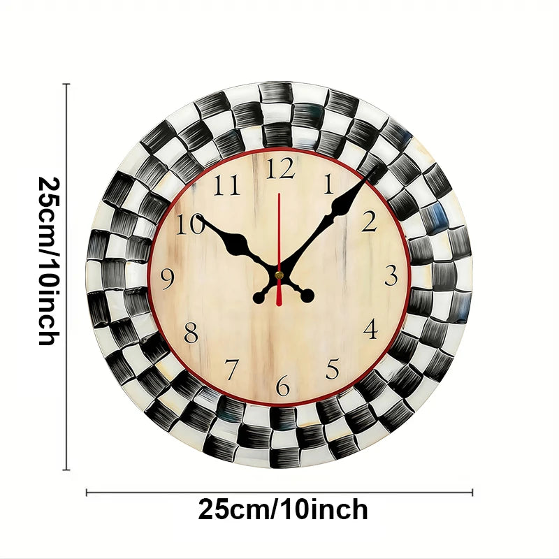 Black And White Grid Wooden Round Silent Hanging Wall Clock,Suitable For Living Room,Office,Study Room,Bedroom,Home Decoration