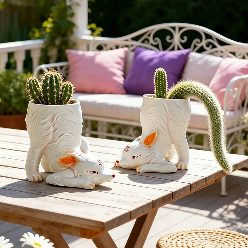 Cute Nine Tails Fox Shaped Ceramic Planter Pot for Monkey Tail Cactus Succulent Plant Indoor Home Decorative Ornament Gift