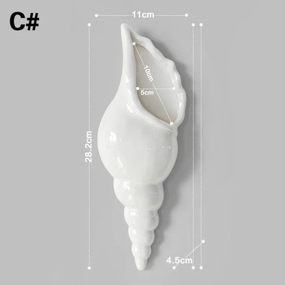 White Ceramic Conch Shell Wall Vase in Smooth Whelk