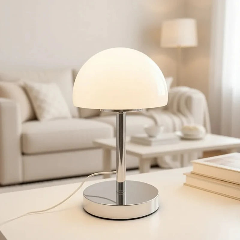 Mushroom Dome Glass Table Lamp, Metal Column Base, Nordic Retro Bedroom Bedside Ambient Light, Niche Design Hit