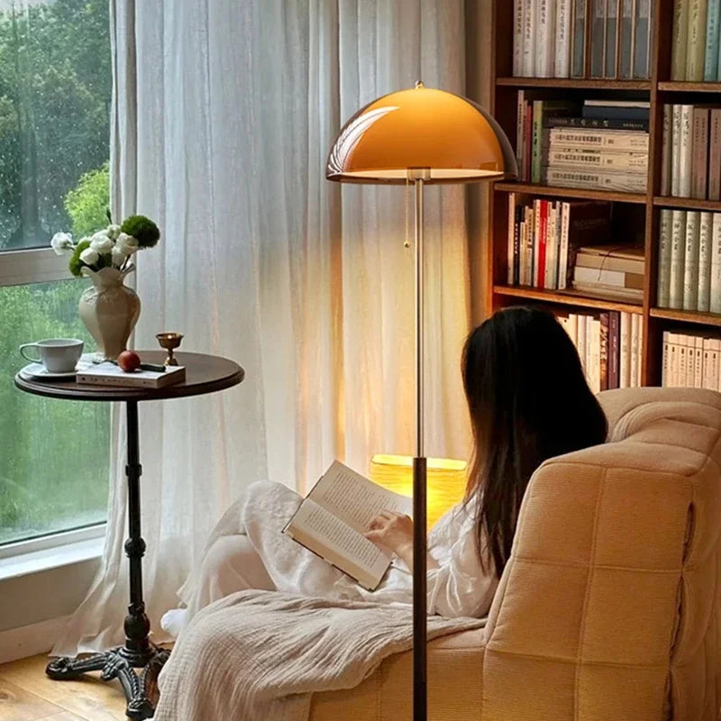 Retro Orange Glass Mushroom Floor Lamp Adjustable Height Wood Metal Standing Lamp Living Room Sofa Corner Bedroom Ambient Decor