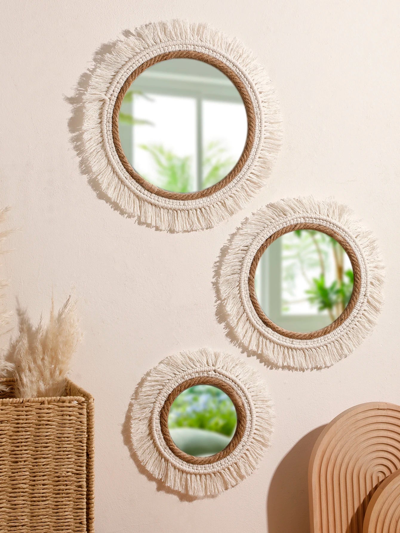 Boho Hand Woven Wall Hanging Tapestry Home Decorative Mirrors Nordic Wall Mirrors Decoration Bedroom Living Room Crafts Decor