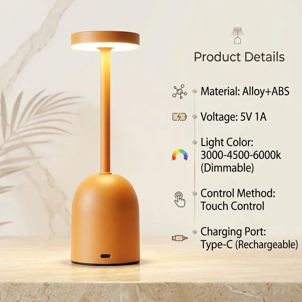 GGbingo Cordless Desk Lamp Touch Control LED Nordic Night Light Metal Table Lamp Cordless Bedroom Lamp Rechargeable Table Light