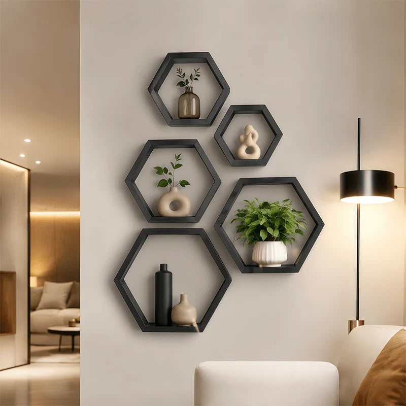 Wooden Hexagon Floating Shelves Set of 3, Honeycomb Wall Shelves for Living Room Decor, Rustic Farmhouse Geometric Display Rack for Plants, Photos, and Collectibles