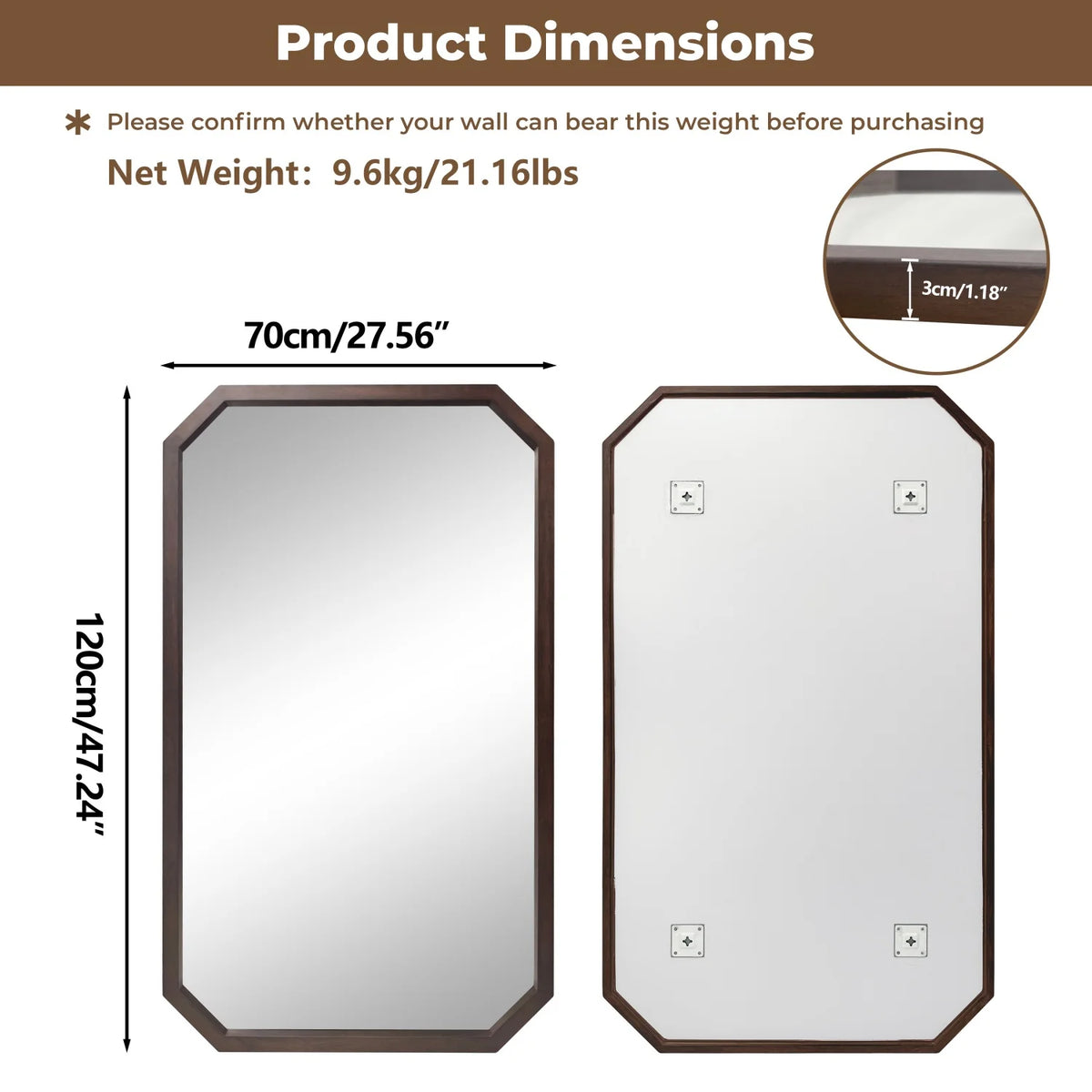 Walnut Irregular & Octagon Wall Mirror – Octagon, 70 x 120cm