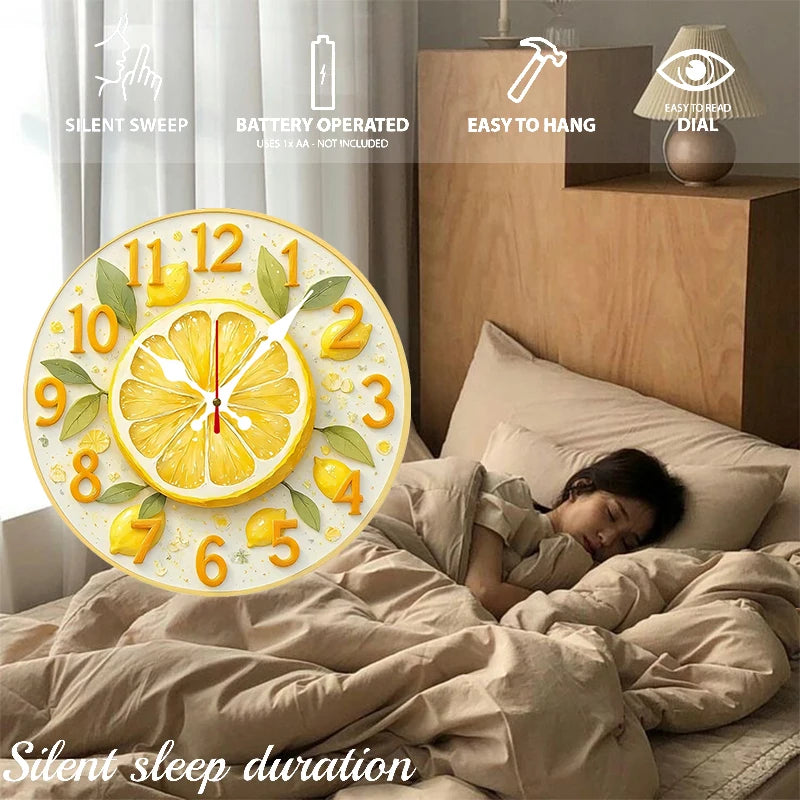 Lemon & Orange Wooden Round Silent Hanging Wall Clock, Suitable For Living Room, Office, Study Room, Bedroom, Home Decoration