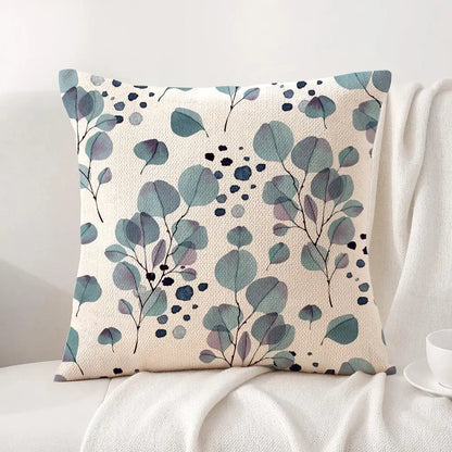 Watercolor Eucalyptus Linen Cushion Cover in Blue Dots & Leaves