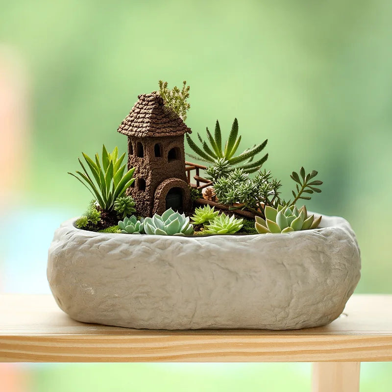 Imitation Stone Ceramic Succulent Pot Large Caliber Concave Convex Texture Desktop Micro Landscape Plant Planter