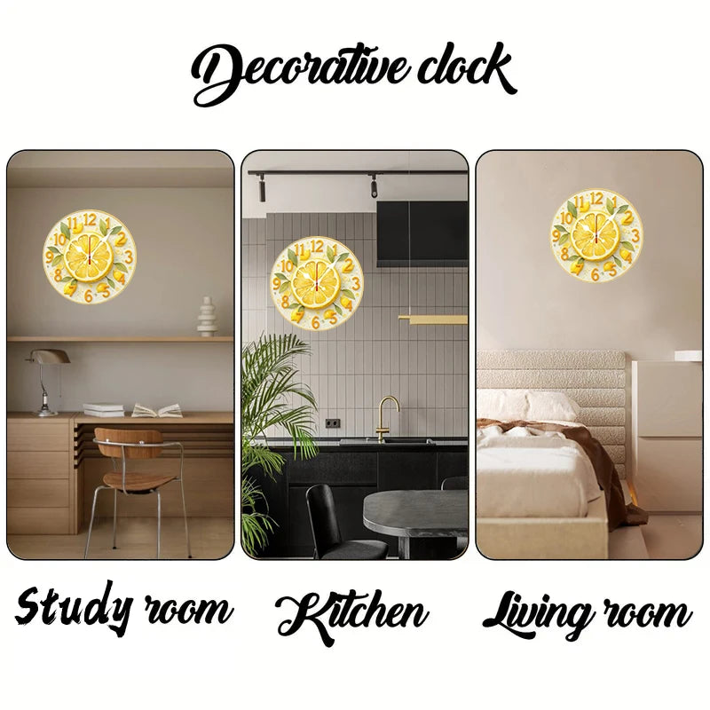 Lemon & Orange Wooden Round Silent Hanging Wall Clock, Suitable For Living Room, Office, Study Room, Bedroom, Home Decoration