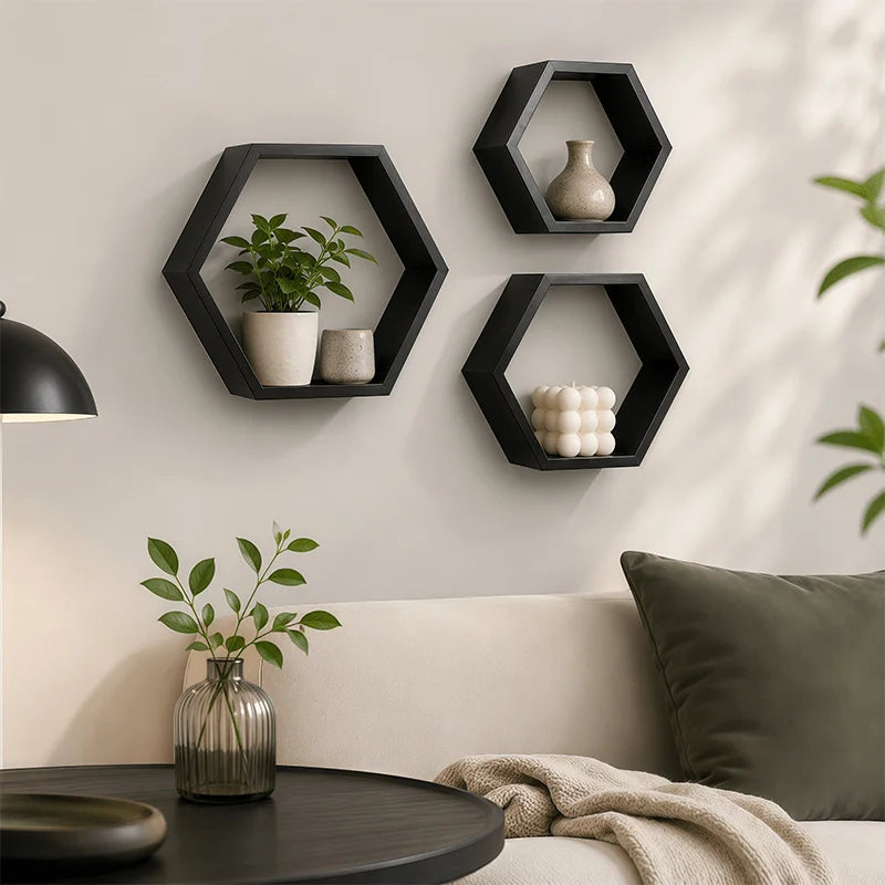 Wooden Hexagon Floating Shelves Set of 3, Honeycomb Wall Shelves for Living Room Decor, Rustic Farmhouse Geometric Display Rack for Plants, Photos, and Collectibles