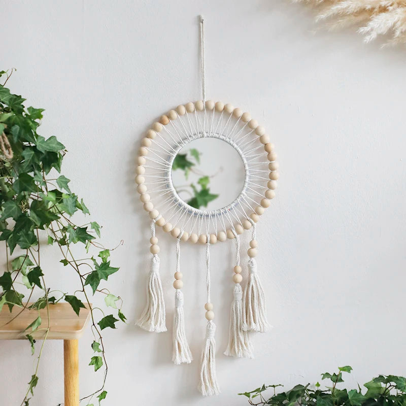 Hand Woven Wooden Beads Decorative Mirrors Wall Hanging Boho Condo Wall Decor Nordic Bedroom Living Room Hallway Home Decoration