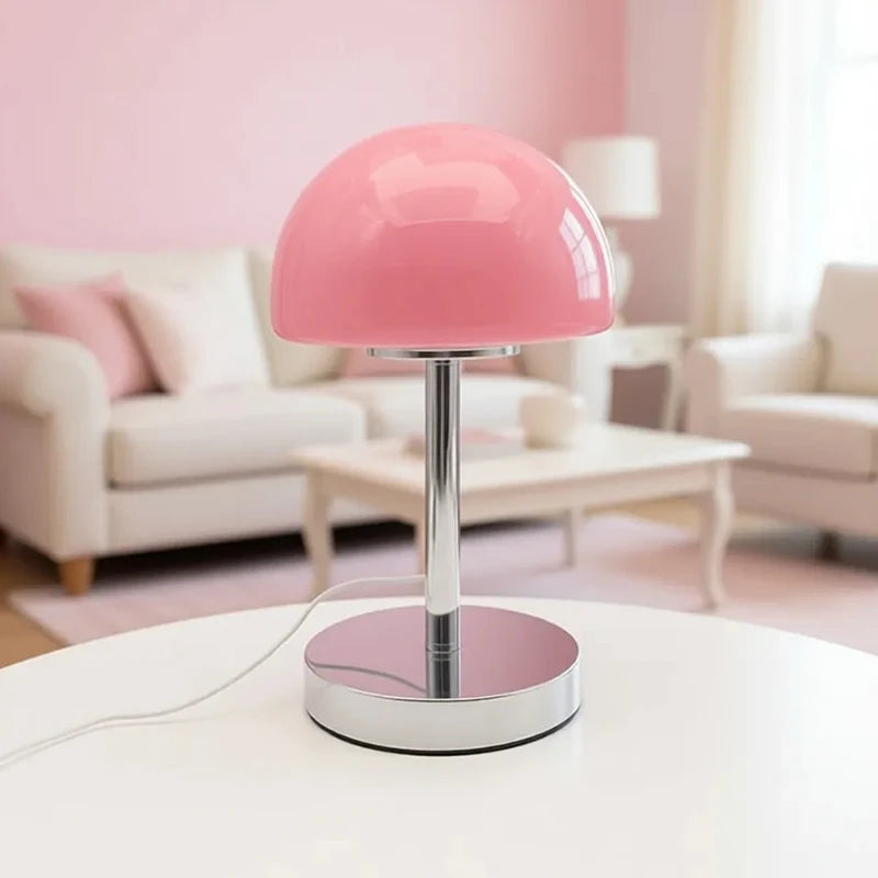 Mushroom Dome Glass Table Lamp, Metal Column Base, Nordic Retro Bedroom Bedside Ambient Light, Niche Design Hit