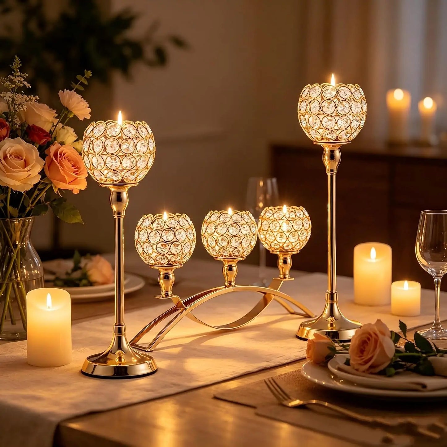 3 Pcs Gold Candle Holders Set, 3 Arm Tealight Candelabra Stand, Wedding Table Centerpiece Candlestick for Fireplace Mantel Decor, Living Room Dining Table, Valentine's Day Housewarming Gift