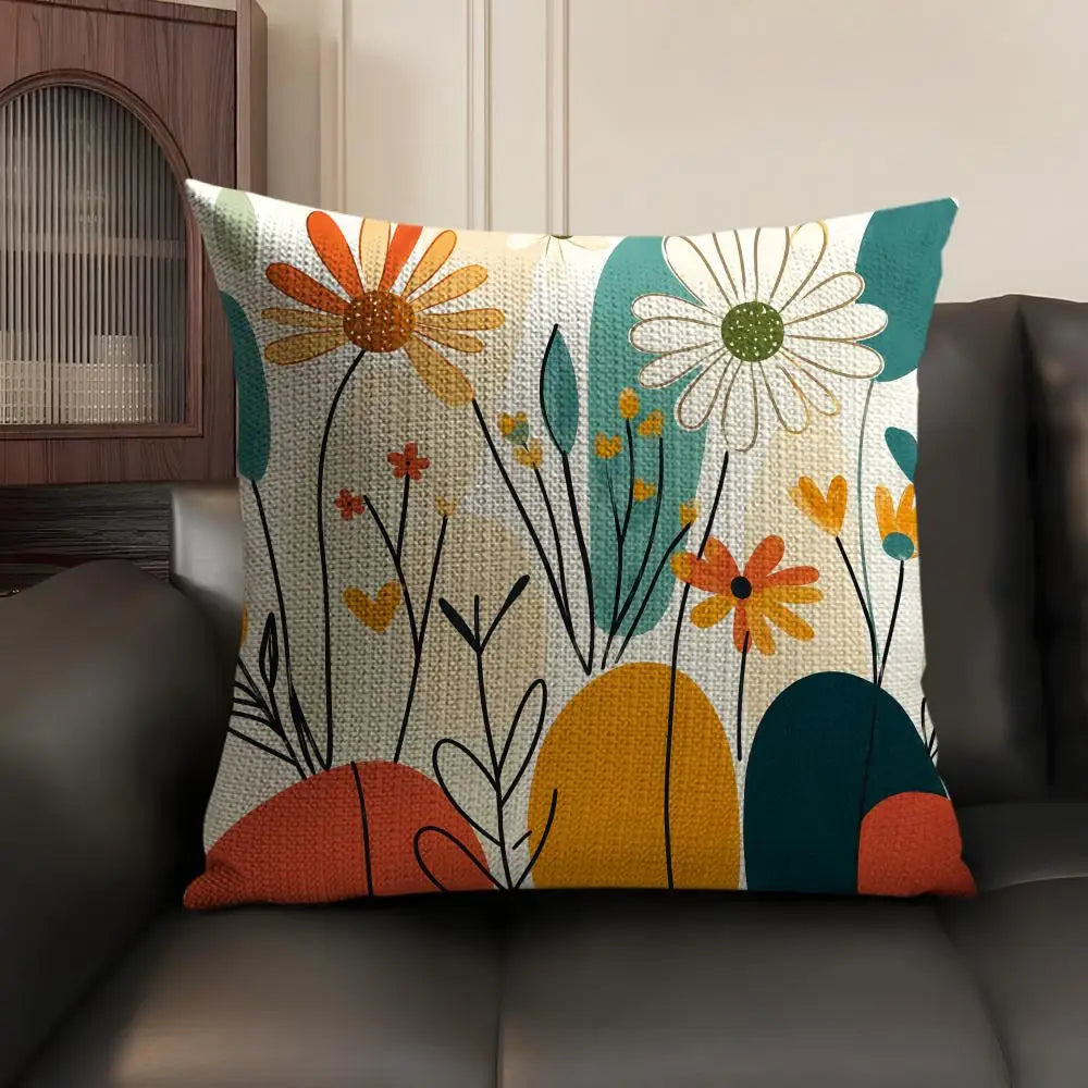 Bohemian Pattern Linen Cushion Cover in White Daisy Sunrise