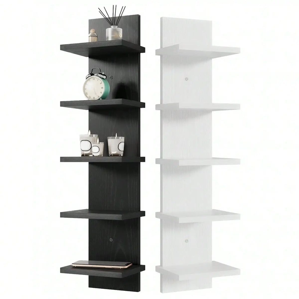 5-Tier Floating Wall Shelf, Wall Mounted Display & Storage Rack, Space Saving Organizer for Bedroom, Living Room, Office, Black/Brown