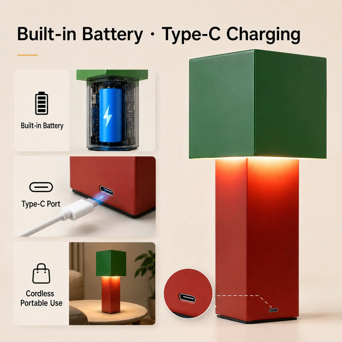 LED Nordic Cream Rechargeable Desk Lamp with Geometric Stepless Dimming Portable Bedhead Night Light Suitable for Bedroom