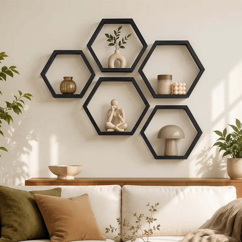 Wooden Hexagon Floating Shelves Set of 3, Honeycomb Wall Shelves for Living Room Decor, Rustic Farmhouse Geometric Display Rack for Plants, Photos, and Collectibles