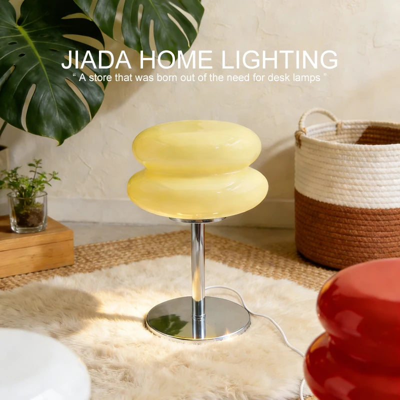 Mid-Century Ins Macaron Cream Double Layer Glass Table Lamp Nordic Style Living Room Bedroom Study Bedside Hamburger Egg Tart