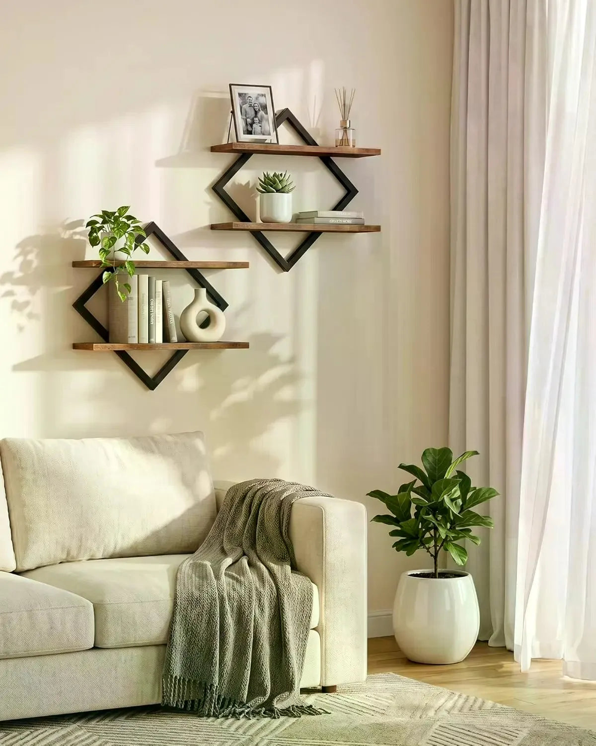 Rustic Brown 2-Layer Geometric Diamond Floating Shelf Set - Industrial Metal Wire & Wooden Shelves, Minimalist Artistic House Decor, Suitable for Living Room, Kitchen, Storage