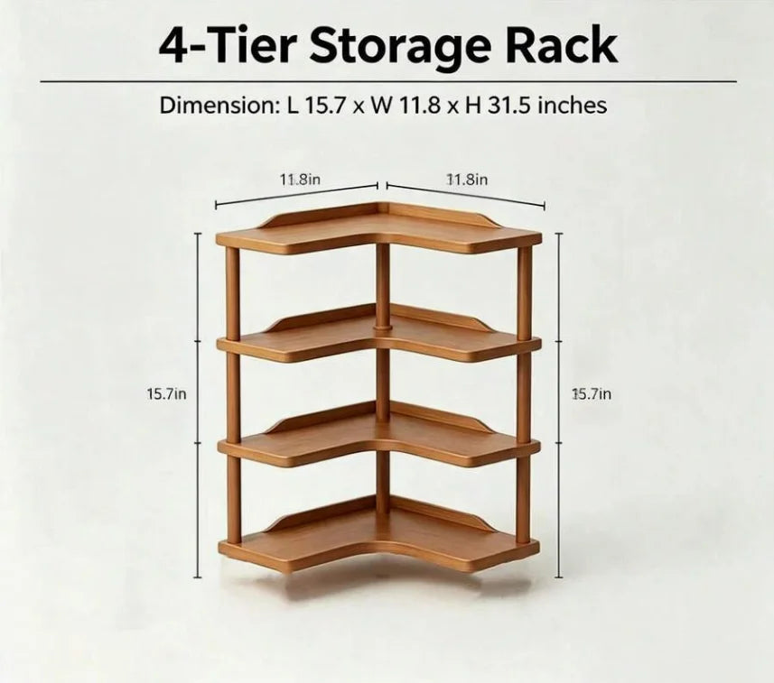 Freestanding Wood Corner Organizer Shelf, Space Saving Drill-Free Multi-Tier Storage Rack, Sturdy Washable Display Shelving for Bathroom Kitchen Living Room Study Home Decor