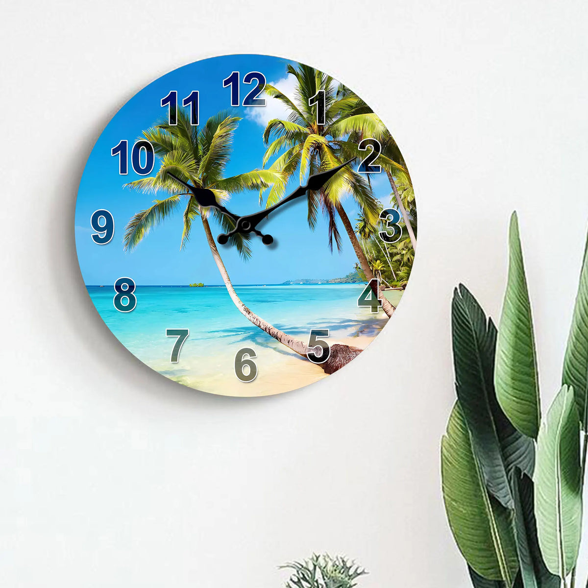 1pc round wooden wall clock, tropical summer blue Sky beach and coconut tree design wall clock, silent clock, for living room be