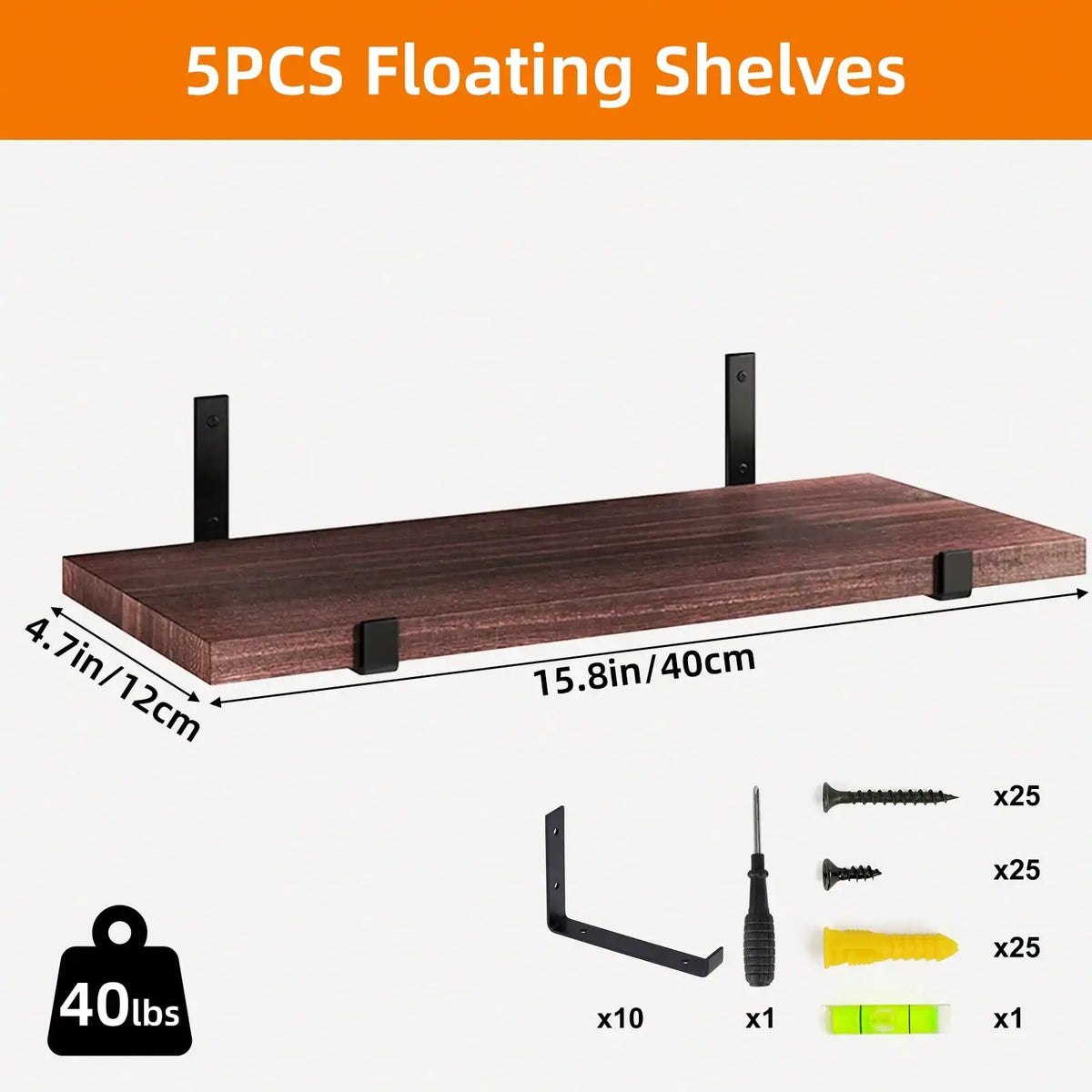 5/10Pcs Floating Shelves, 4.7 Inch Wide Wall Shelves with Invisible Brackets, Rustic Wood Storage Racks for Bedroom, Living Room, Kitchen, Bathroom