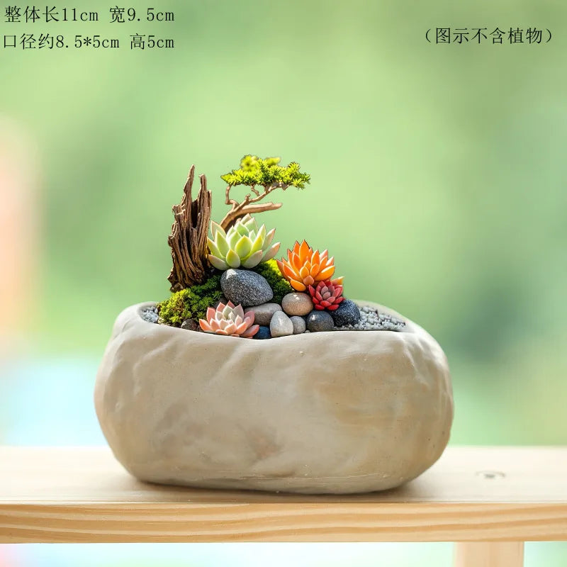 Imitation Stone Ceramic Succulent Pot Large Caliber Concave Convex Texture Desktop Micro Landscape Plant Planter