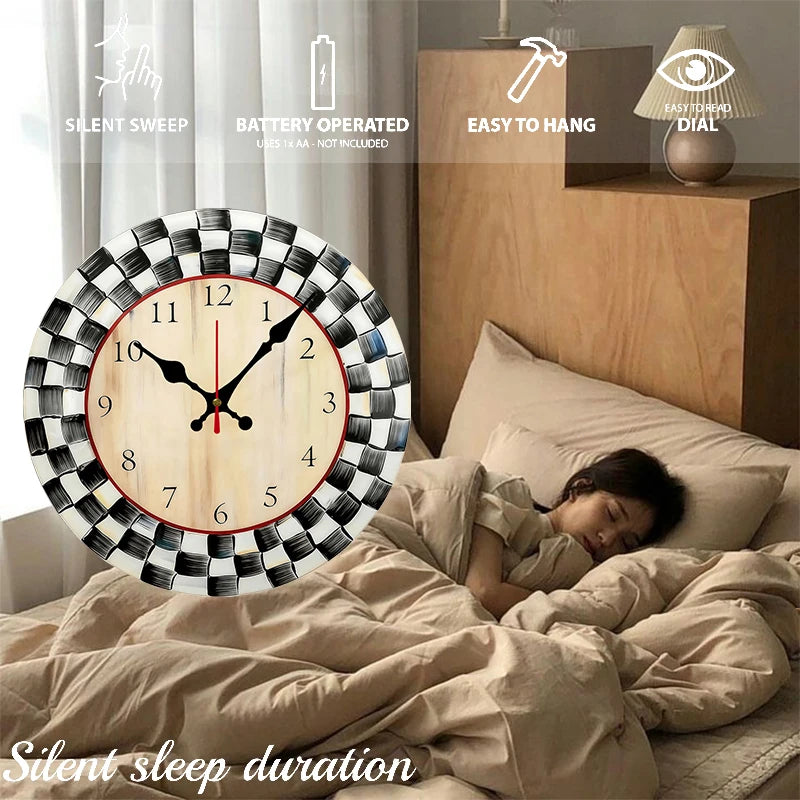 Black And White Grid Wooden Round Silent Hanging Wall Clock,Suitable For Living Room,Office,Study Room,Bedroom,Home Decoration