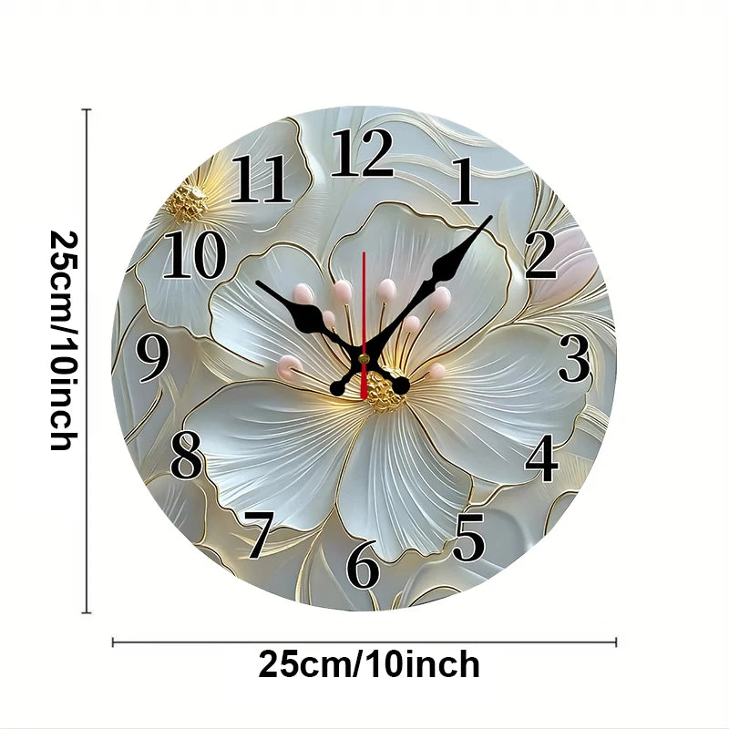 2D-flat Golden & Pink Floral Wooden Round Silent Hanging Wall Clock, For Living Room,Office, Study Room,Bedroom,Home Decoration