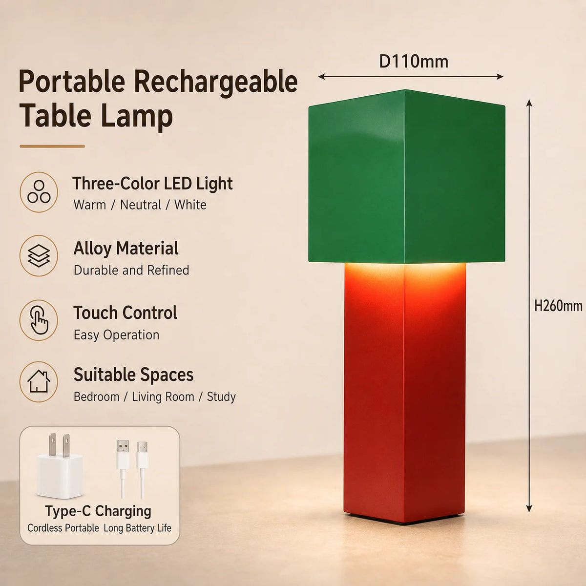 LED Nordic Cream Rechargeable Desk Lamp with Geometric Stepless Dimming Portable Bedhead Night Light Suitable for Bedroom