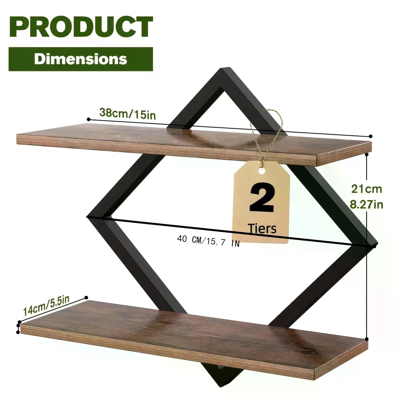 Rustic Brown 2-Layer Geometric Diamond Floating Shelf Set - Industrial Metal Wire & Wooden Shelves, Minimalist Artistic House Decor, Suitable for Living Room, Kitchen, Storage