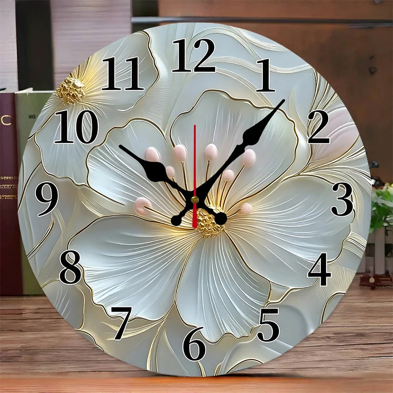 2D-flat Golden & Pink Floral Wooden Round Silent Hanging Wall Clock, For Living Room,Office, Study Room,Bedroom,Home Decoration