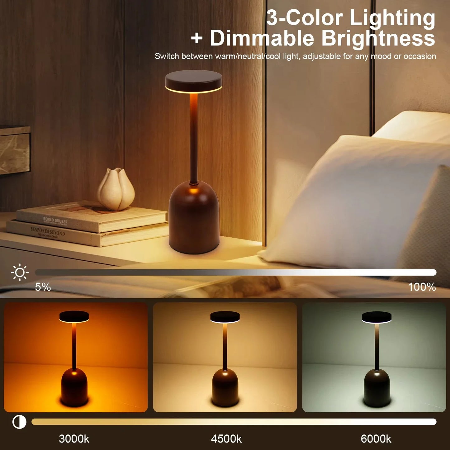 GGbingo Cordless Desk Lamp Touch Control LED Nordic Night Light Metal Table Lamp Cordless Bedroom Lamp Rechargeable Table Light