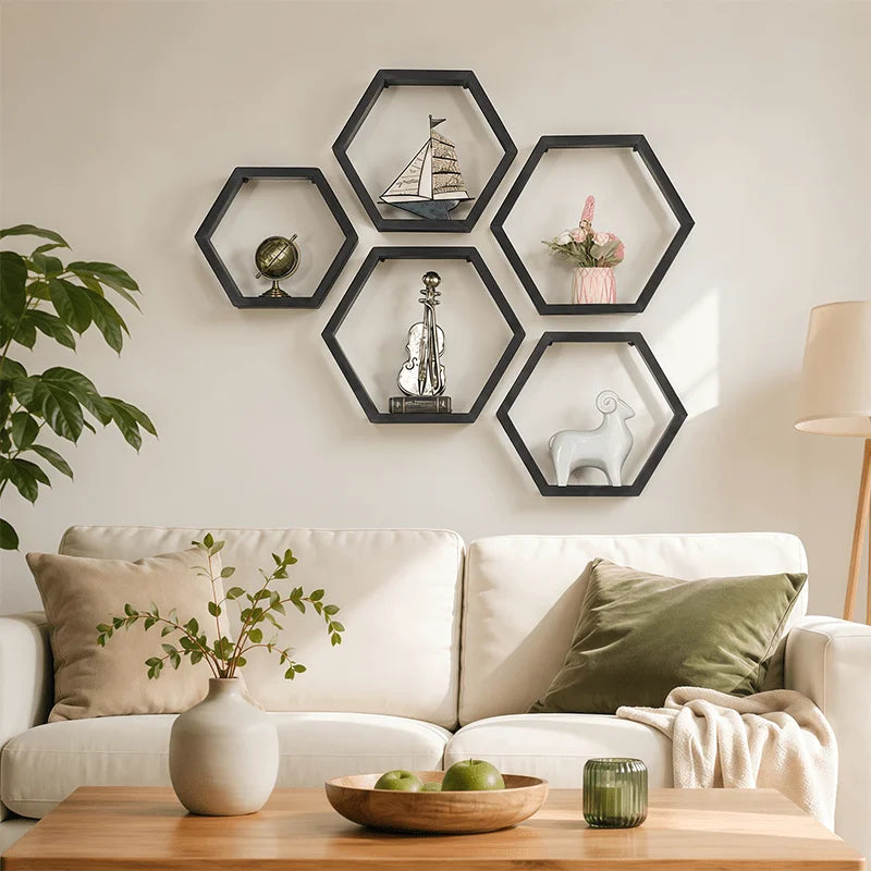 Wooden Hexagon Floating Shelves Set of 3, Honeycomb Wall Shelves for Living Room Decor, Rustic Farmhouse Geometric Display Rack for Plants, Photos, and Collectibles