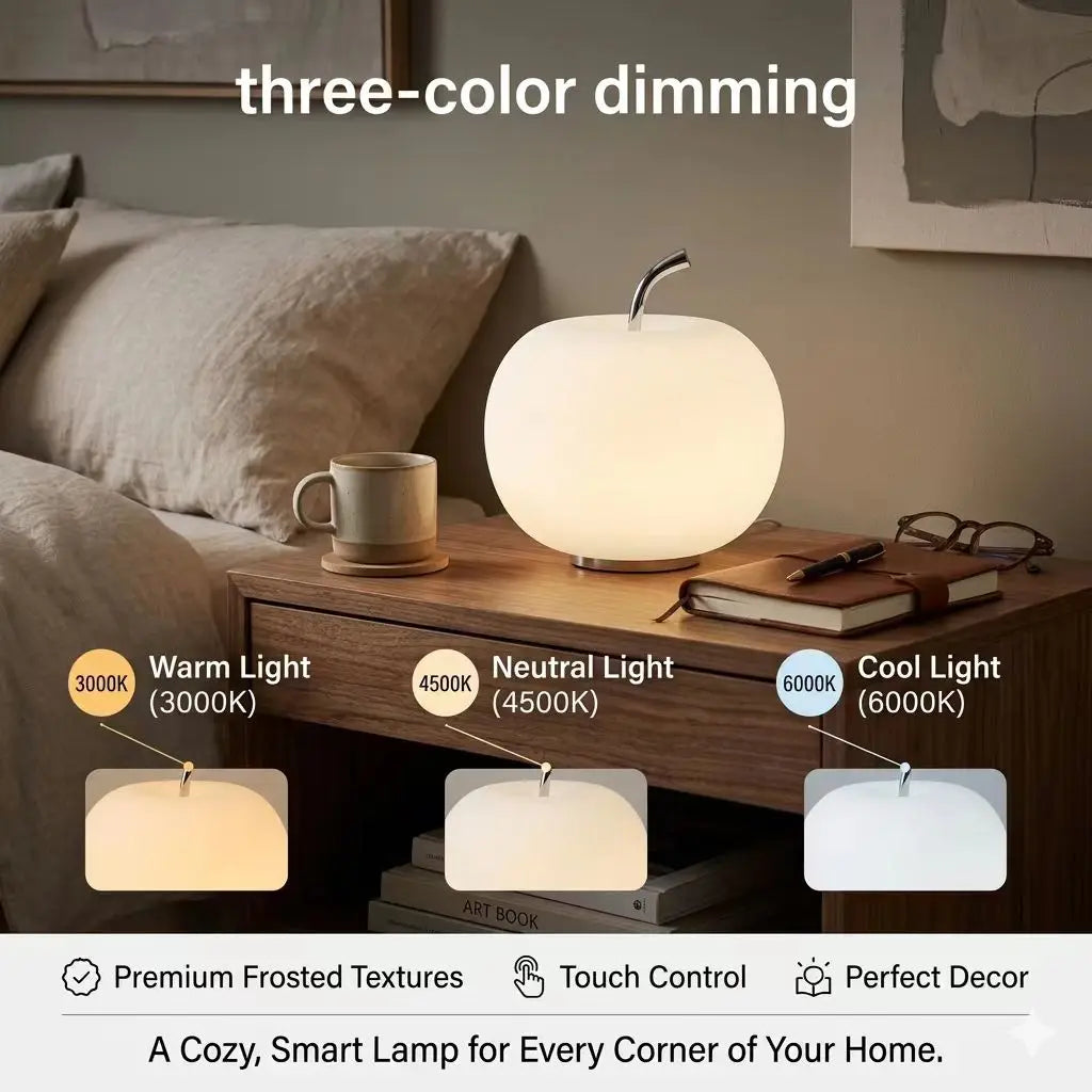 Modern Minimalist Apple Glass Table Lamp, Touch Control 3-Color Dimmable LED Bedside Night Light, Elegant Artful Nordic Lamp