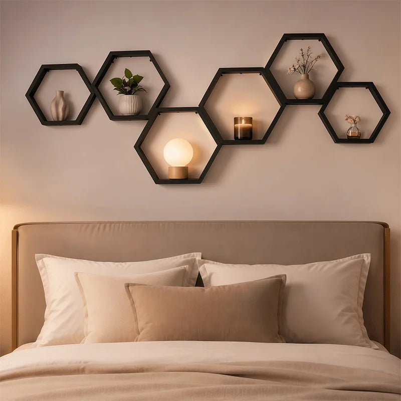 Wooden Hexagon Floating Shelves Set of 3, Honeycomb Wall Shelves for Living Room Decor, Rustic Farmhouse Geometric Display Rack for Plants, Photos, and Collectibles