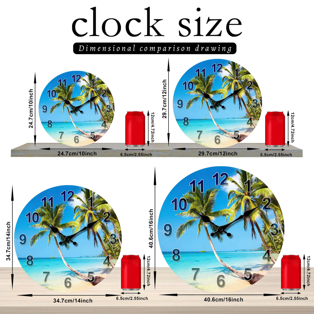 1pc round wooden wall clock, tropical summer blue Sky beach and coconut tree design wall clock, silent clock, for living room be