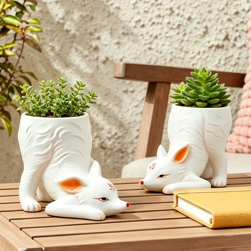 Cute Nine Tails Fox Shaped Ceramic Planter Pot for Monkey Tail Cactus Succulent Plant Indoor Home Decorative Ornament Gift