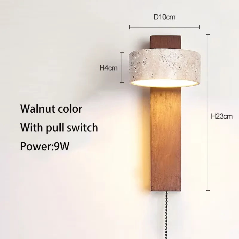 Wabi Sabi Travertine Stone Wall Lamp in Walnut, Pull Switch, Warm White